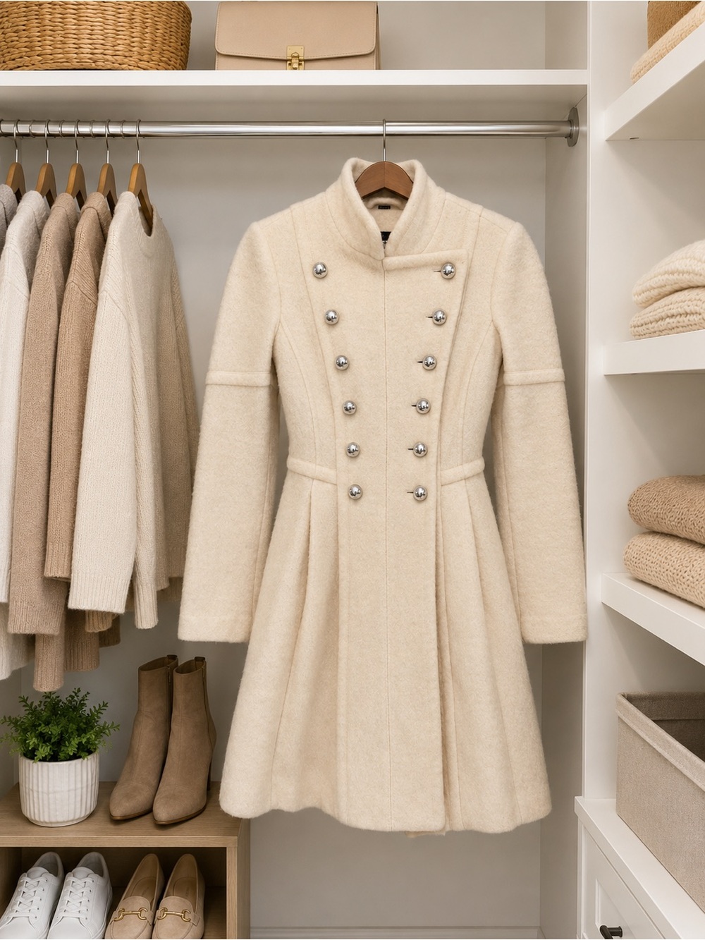 Wool Blend Double-Breasted Cream Military Coat